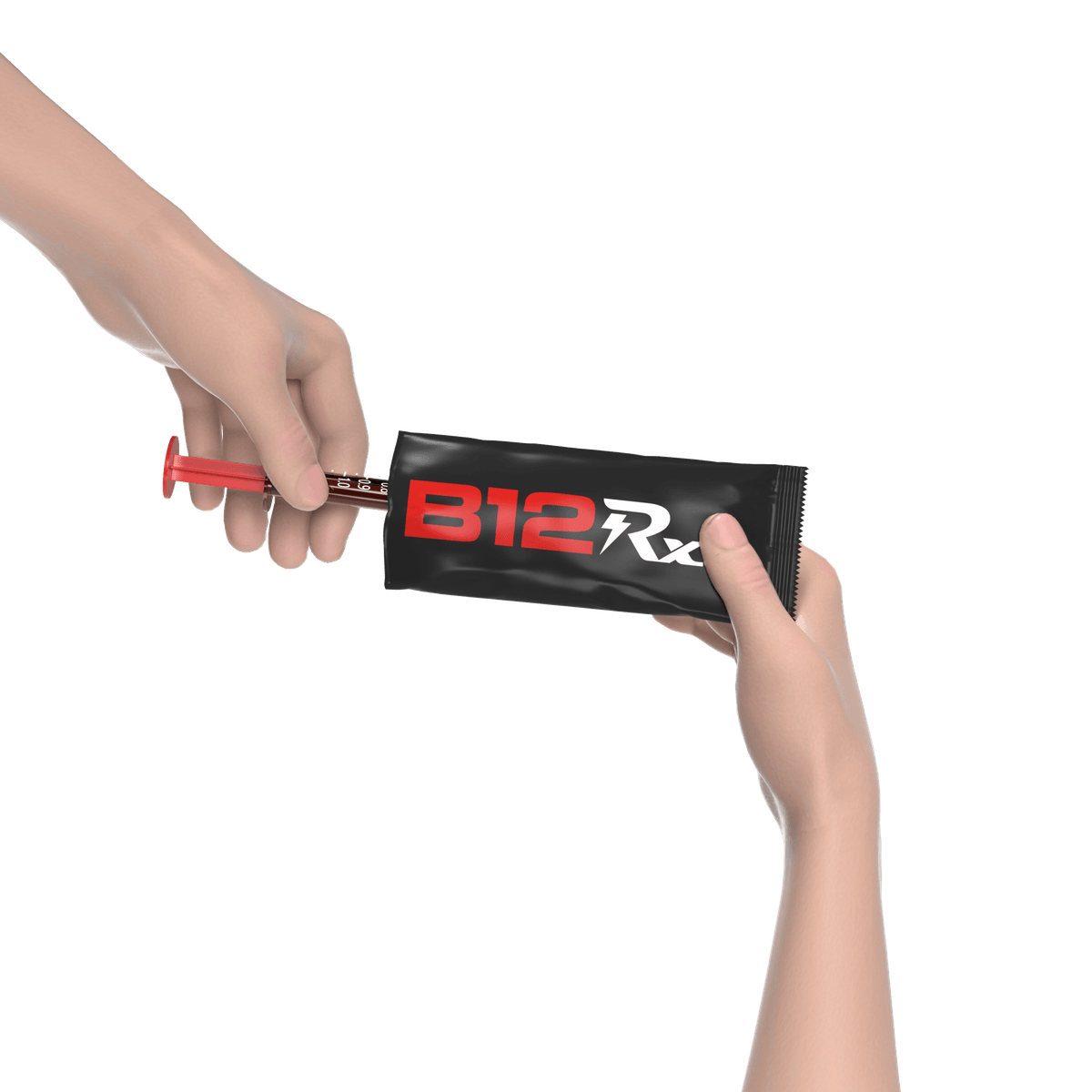The B12Rx kit pouch being opened, with the prefilled syringe and needle inside.