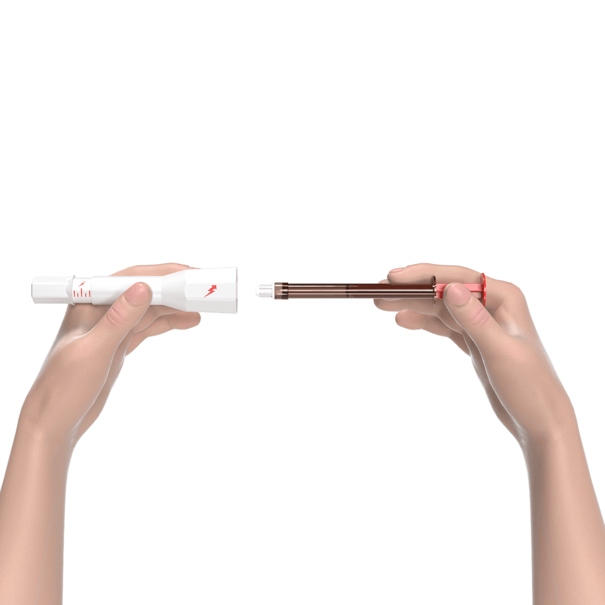 The syringe being loaded into the self-injector.