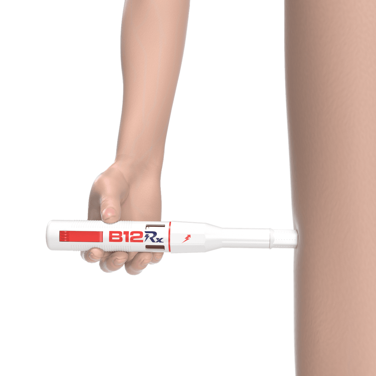 The self-injector pressed flat against the skin during the injection.
